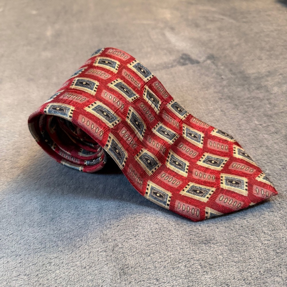 Robert Talbott Studio Necktie Mens Extra Long‎ Red Geometric Silk Hand Sewn